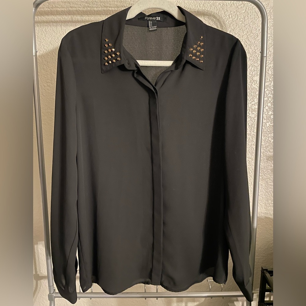 Forever 21 Punk Blouse with Studs on Collar Size Large